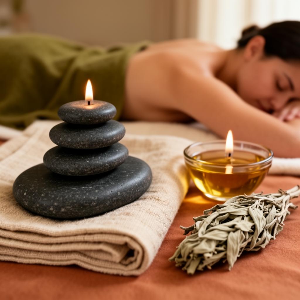 Hot stone massage setup with warm oil and sage at Metatron Massage, Morningside, Durban